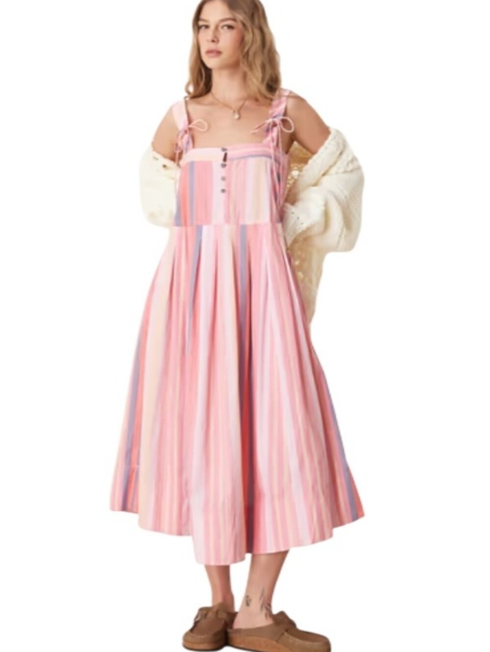 Free People Primavera Pink Pastel Striped Midi Dress-NWT